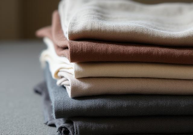 Close-up of luxurious fabric swatches in muted tones, suggesting quality and timelessness.