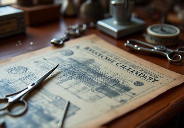 Founding vision of Threadhaven, showcasing vintage tailoring tools on a wooden desk with a blueprint.
