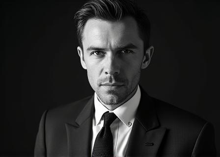Professional black and white portrait of Marcus Thorne, Head Tailor.