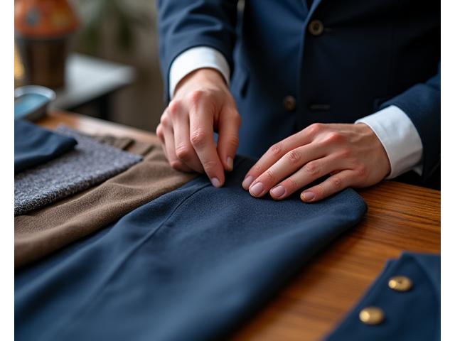 A tailor meticulously working on a suit with fabric swatches and tools